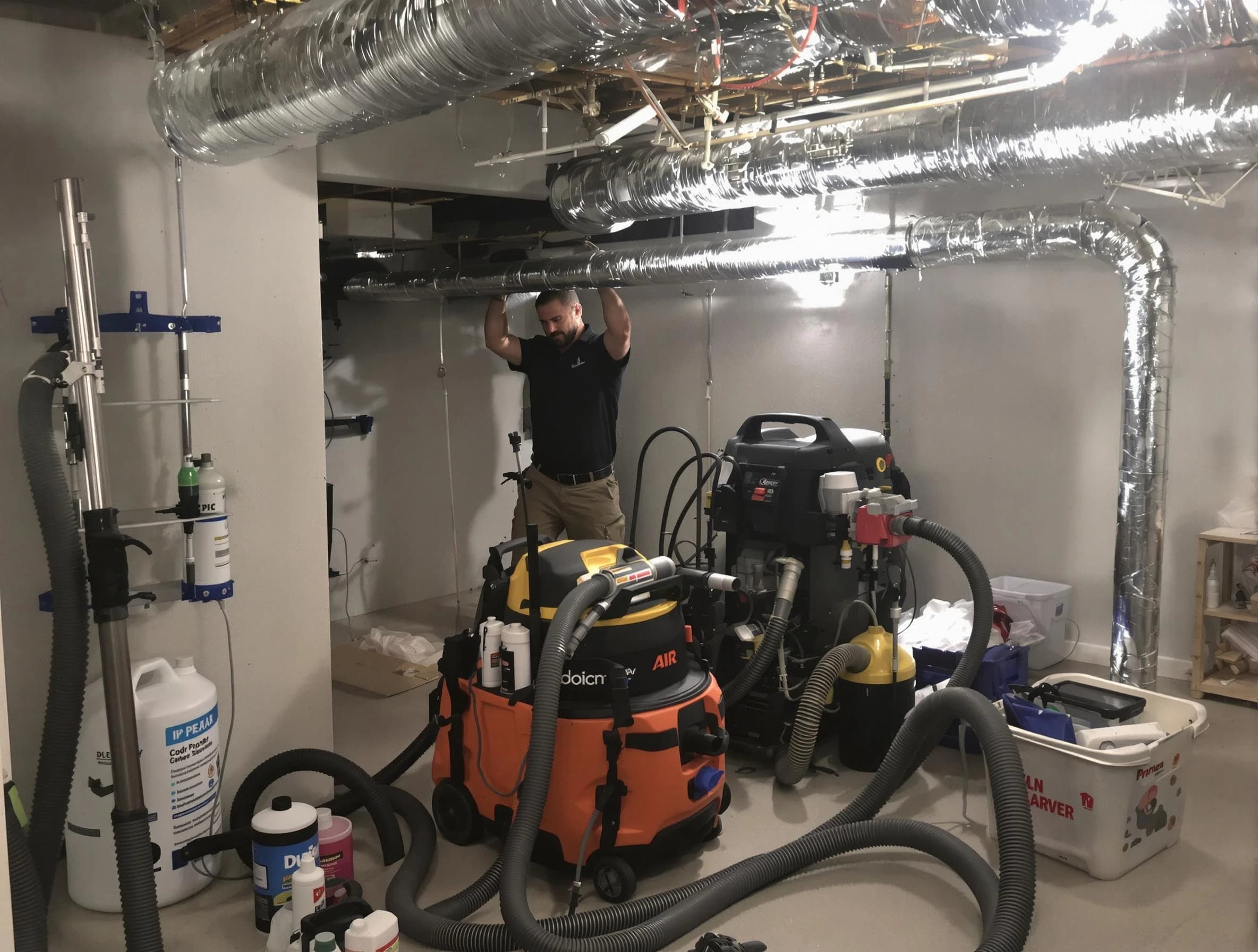 West Covina Air Duct Cleaning specialist performing professional mold removal from air ducts using safety equipment in West Covina