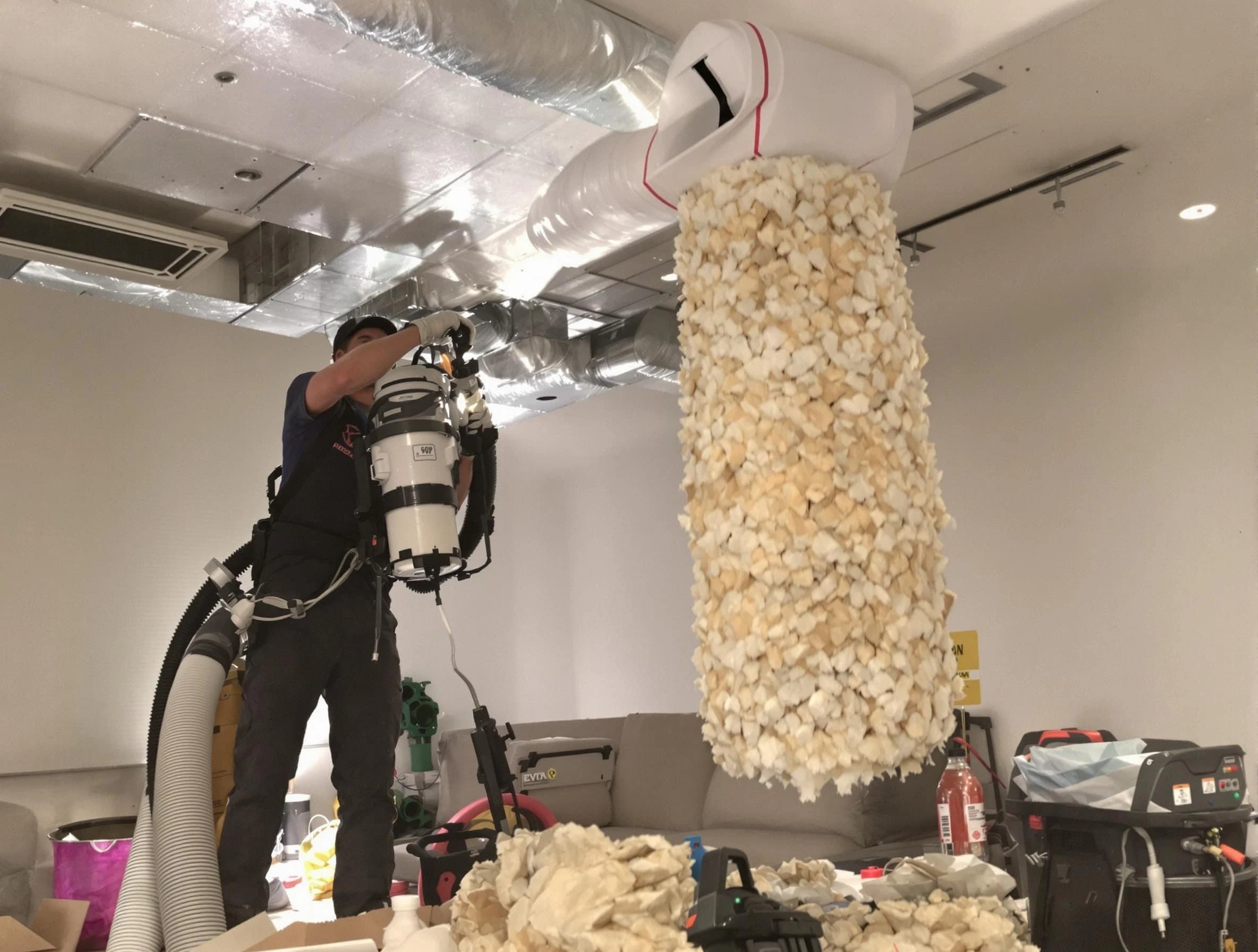 West Covina Air Duct Cleaning technician performing precision vacuum insulation removal in a residential property in West Covina